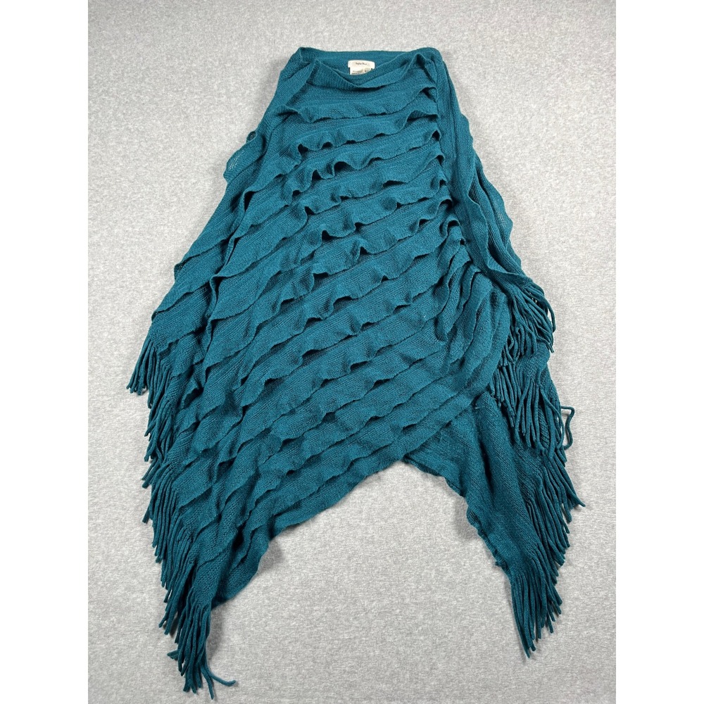 Womens Knit Poncho M/L Teal Fringe Ruffle Layering Boho Chic Lagenlook